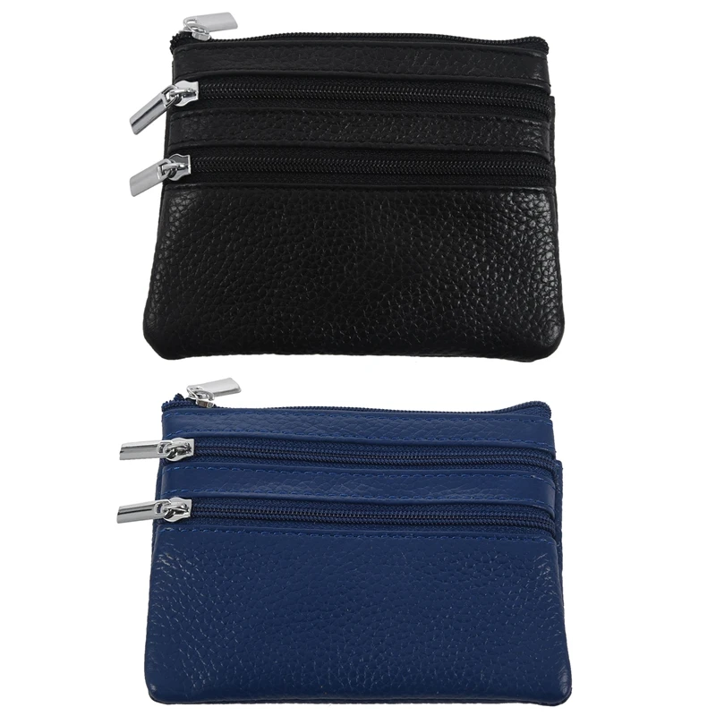 

2Pcs Leather Change Coin Purse with 4 Pockets and Keychain for Women - Black & Blue