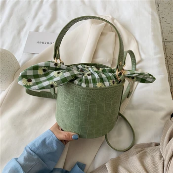 

FANTASY New Cylindrical Bucket Bags For Women Small Daisies Grid Bow Handbags 4 Color 2 Size Stone Crocodile Pattern Messeng Bag