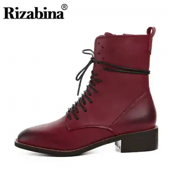 

RizaBina Women Ankle Boots Genuine Leather Casual Lace Up Flats Shoes Women Autumn Winter Zipper Short Boots Footwear Size 34-40