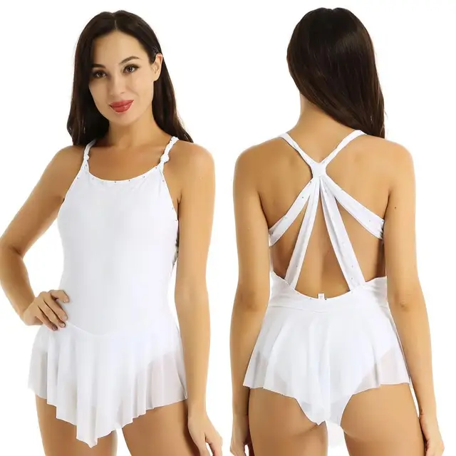 US $12.56 Sleeveless Criss-cross Back Rhinestones Ballet Leotard Women Figure Ice Skating Roller Skating Dres