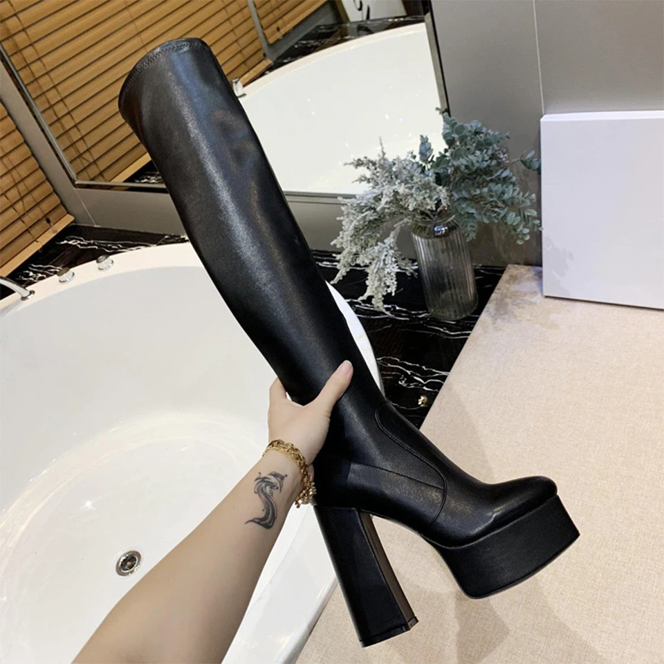 

SONFRNCH 2019 Autumn and Winter New Women's Boots Leather Coarse-heeled Waterproof Table Single-shoe High-heeled Boots