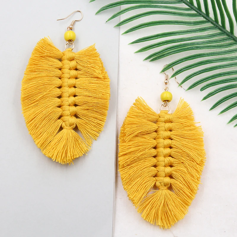 

Handmade Tassel Earrings for Women Green/yellow Long Fringe Earring Vintage Weave Leaf Earing Ethnic Jewelry 2019 Statement