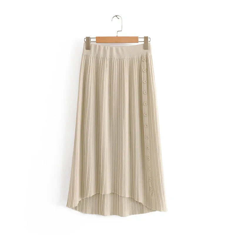

5566-80020 Solid Color High-waisted Side Edge Button Irregular Pleated Skirt