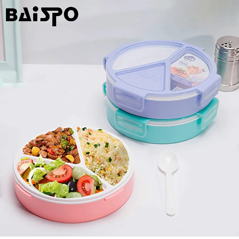 

Baispo PP Lunch Box for kids Round Food Container Microwave Heating Bento Box Cutlery Portable Picnic school Leakproof Storage