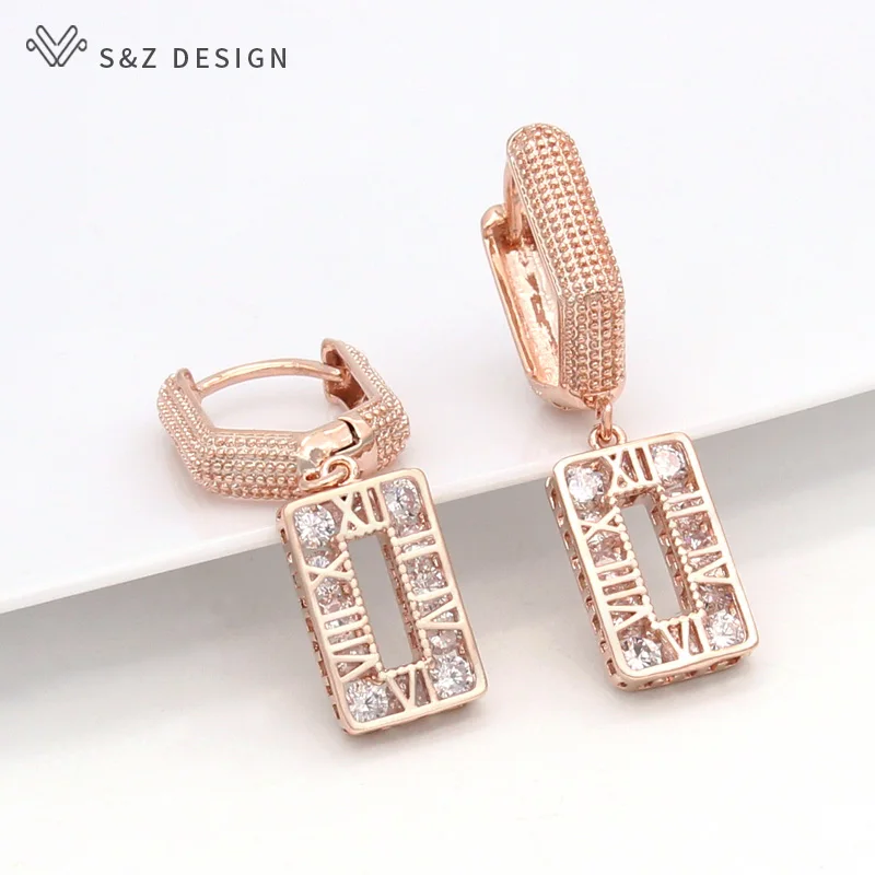 S&Z DESIGN New Round Square Vintage Roman Numerals Dangle Earrings For Women Wedding 585 Rose Gold Color Zirconia Jewelry