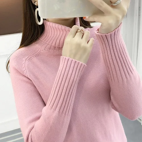 PEONFLY толстый теплый зимний пуловер свитер женский длинный рукав сплошной цвет вязаный свитер водолазка женский джемпер женские топы - Цвет: Pink