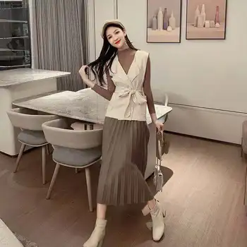 

Fashion Women's O-neck Knitted Pleated Dress Lapel Lace-up Suits Ladies Sweet Solid Casual Knit Dresses Suit Female Autumn New