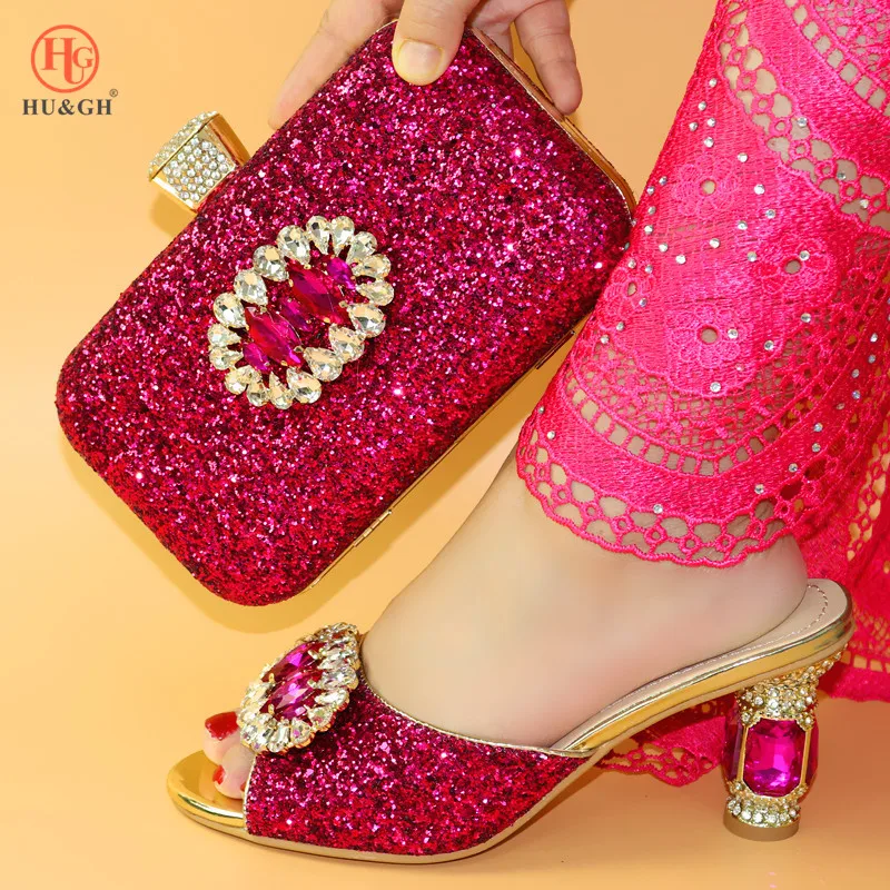 

Latest High Quality Fuchsia Color African Designer Shoes And Bag Set To Match Italian Wedding Party Shoes With Matching Bags Set