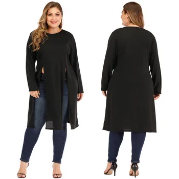 Jersey informal de talla grande para mujer, Blusa de manga larga con cuello redondo, manga larga, E1