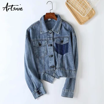 

Artsnie streetwear casual blue denim jacket women autumn 2019 turn down collar long sleeve jeans boyfriend coats short jackets