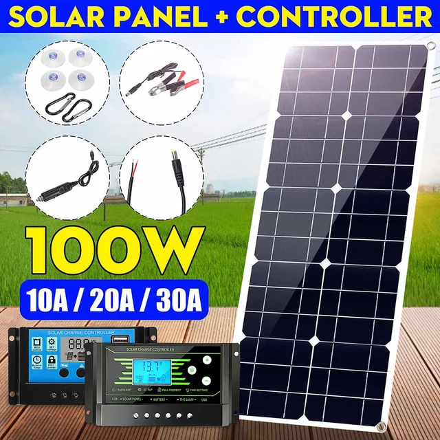 100W 18V MonocrystalineSolar Panel Dual 12V/5V DC USB Charger Kit with 10A Solar Controller & Cables 1