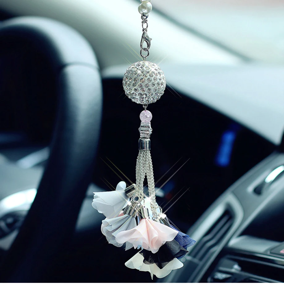 Car Pendant Luxury Diamond Crystal Ball Automobile Rear View Mirror Charms Ornaments Trim Hanging Suspension Interior Decoration (1)