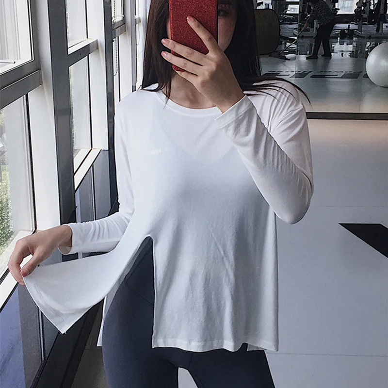 

Mermaid Curve Bottom Fork Opening Female Loose Letter Printing Running Sports T-shirt Long-Sleeve Quick-Drying Autumn Yoga Shirt