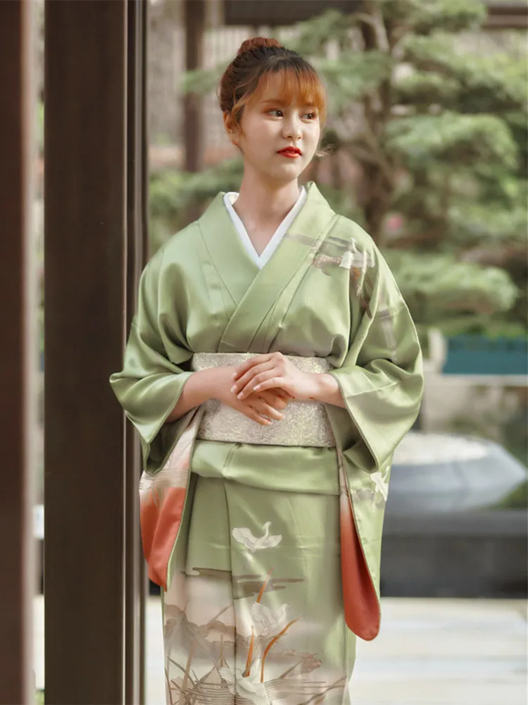 

Japan Style Formal Traditional Kimono All Season Wear Yukata Green Color Crane Prints Photography Dress Cosplay Wear Sleep Robe