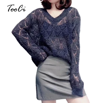 

Mohair Knitting Women's Sweaters Spring Autumn Loose Hollow Breathable Diamond Lattice V-neck Long-sleeved Sweater Solid color