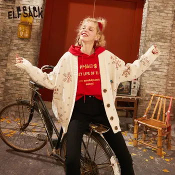 

ELFSACK Red Deer Embroidery Single Button Knit Cardigan Women Sweaters 2020 Spring Blue Snowflake Korean Christmas Ladies Top