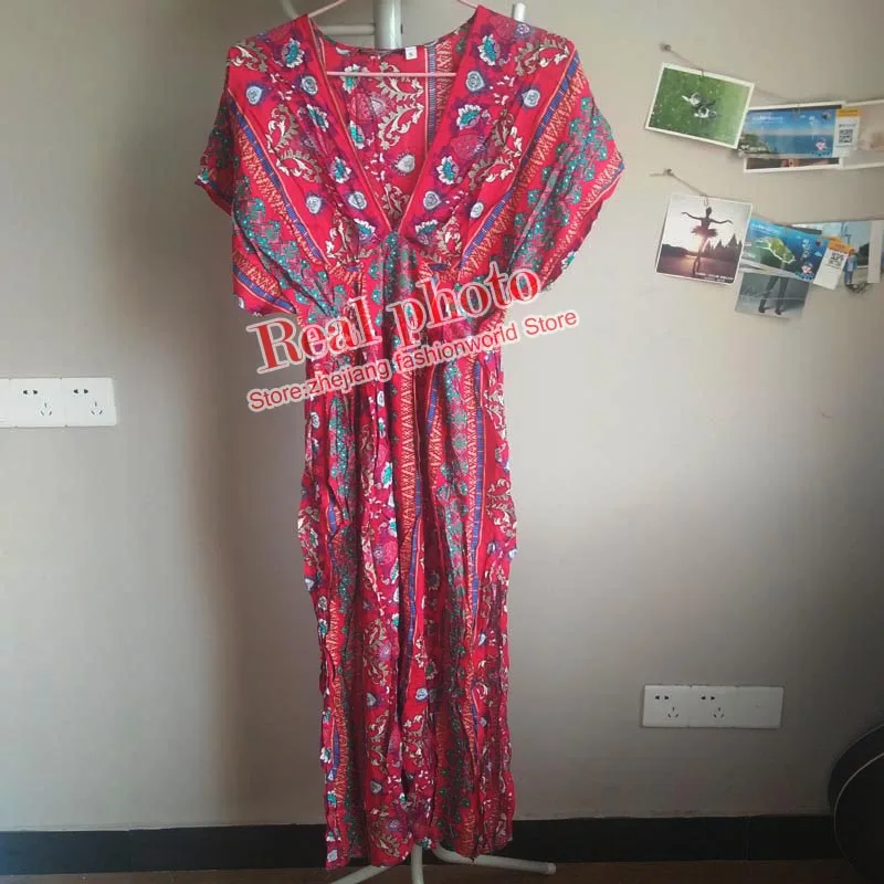 QZ189 Новое богемное модное плиссированное платье с цветочным принтом и v-образным вырезом спереди, с коротким рукавом, женское вискозное пляжное платье Vestidos