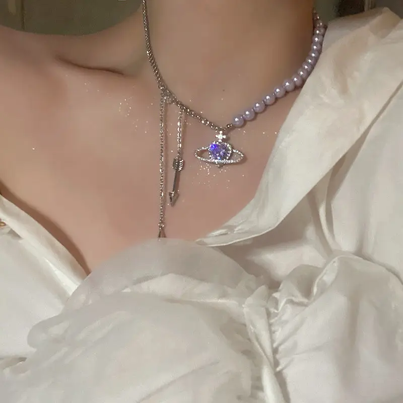 Harajuku E Girl Style Space Crystal Pearl Heart Purple Beads Chains Choker Necklace For Women collar Grunge Accessories Jewelry | Украшения