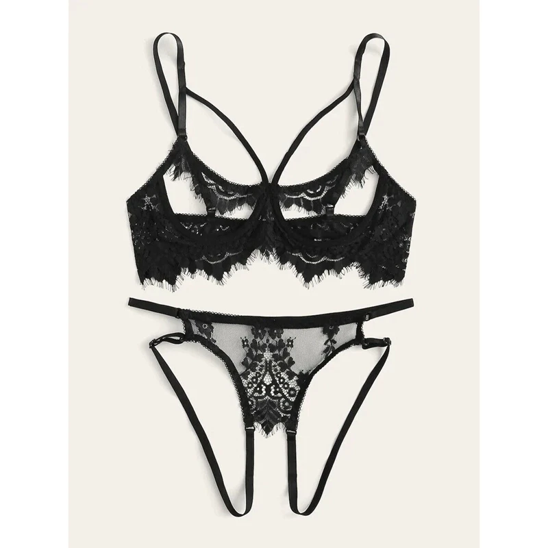 2PCS Women Push Up Open Cup Bra High waist Crotch G-string Set Sexy Lace Floral Bralette Lingerie Sleepwear Gift Sets | Женская одежда