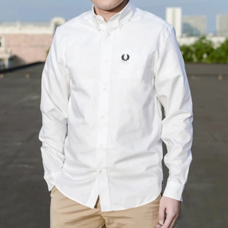 Camisa de algodón Oxford con bordado de trigo para Hombre, camisa clásica de manga larga y manga corta, 100%, alta calidad