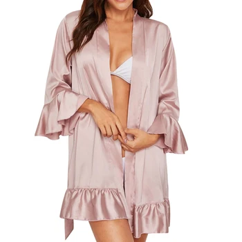 

Female Robes Nightwear Solid Color V-Neck Long Sleeve Cardigan Pajamas for Women Pink/Black/Purple/Blue