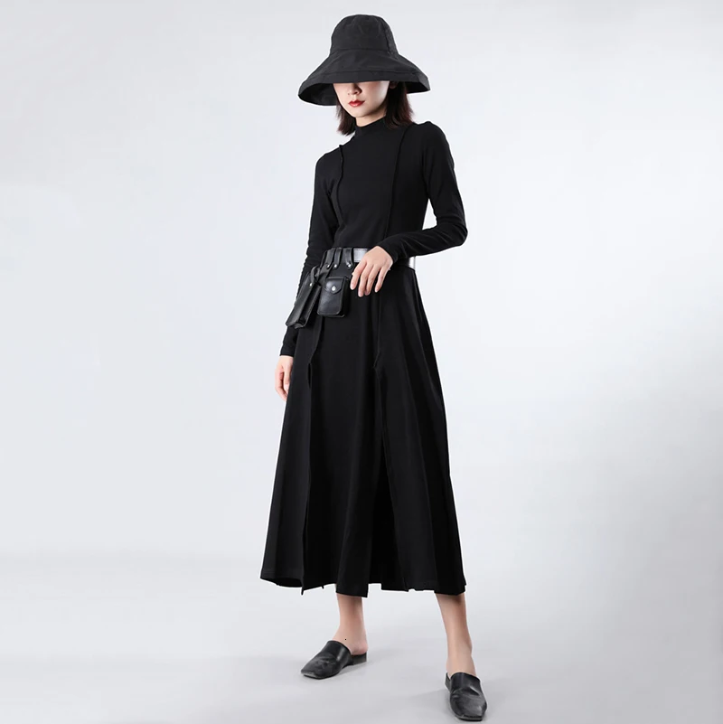 [EAM] Women Dress New Stand Neck Long Sleeve Loose Fit Split Joint Spliced Sheath Temperament Fashion Spring Autumn JZ343