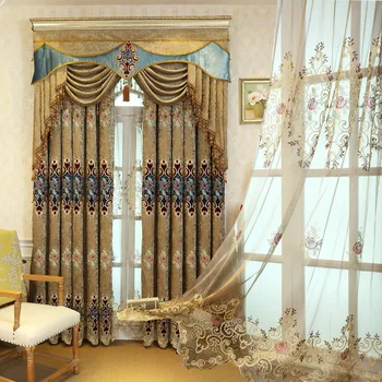 

Golden European Curtains for Living Room Bedroom Curtains Atmospheric tie rong Thick Chenille Embroidery Curtain Fabric