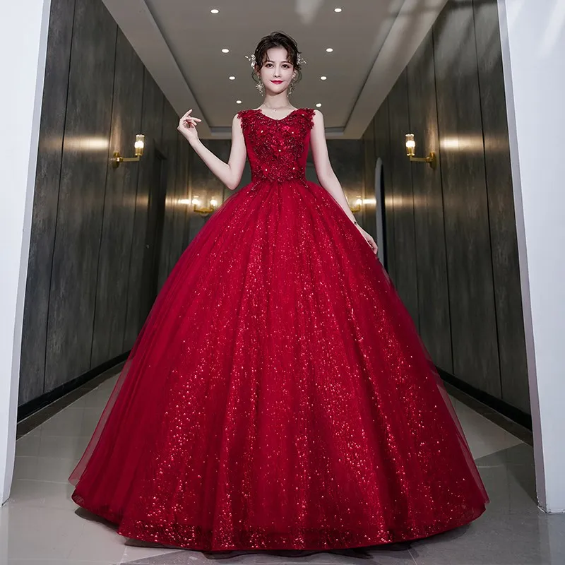 Vestido De quinceañera brillante rojo vino, vestido De fiesta sin mangas, elegante vestido De baile con cuello en V, vestidos De graduación Vintage, bata Formal personalizada