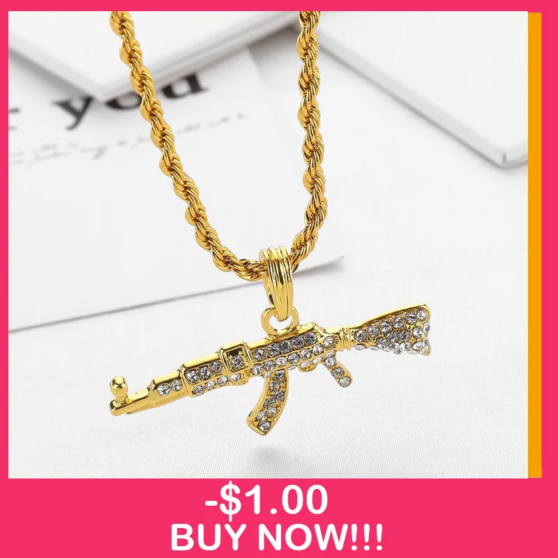 

2019 New AK-47 revolving pistol submachine gun hip hop gold silver crystal pendant necklace iced out Cuban chain jewelry