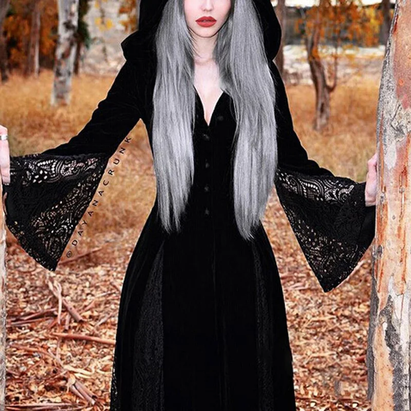 

Women Gothic Hoodie Dress Long Bell Sleeve Lace Splicing High Waist Vintage Slim Fit Party Dresses Hollow Out Halloween Dress
