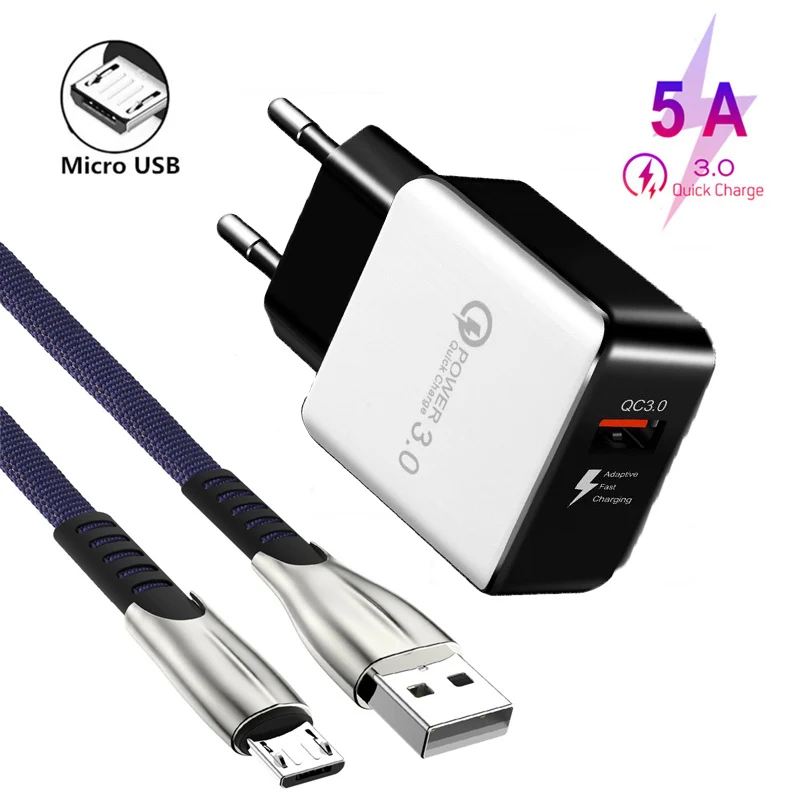 QC 3 0 адаптер для быстрой зарядки 5A кабель Micro USB Huawei P8 P9 Lite Y5 Y6 Y7 Y9 2018 Honor 6 7 LG G3 G4 18W EU