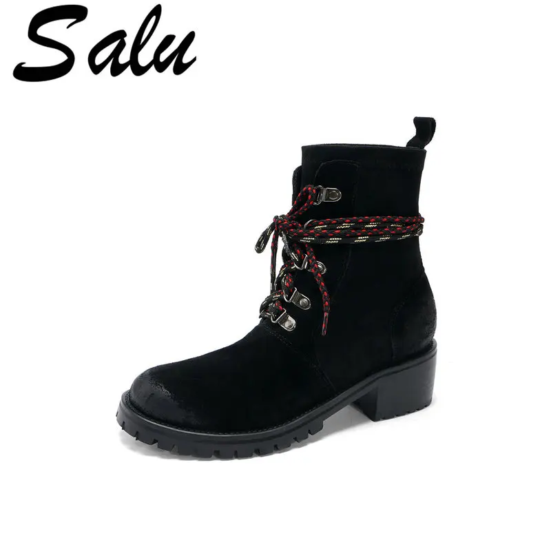 

Salu Chelsea Booties Women Cow Suede Leather Ankle Boots Chains Natural Suede Square Heel Boots Fashion Winter Ladies Shoes