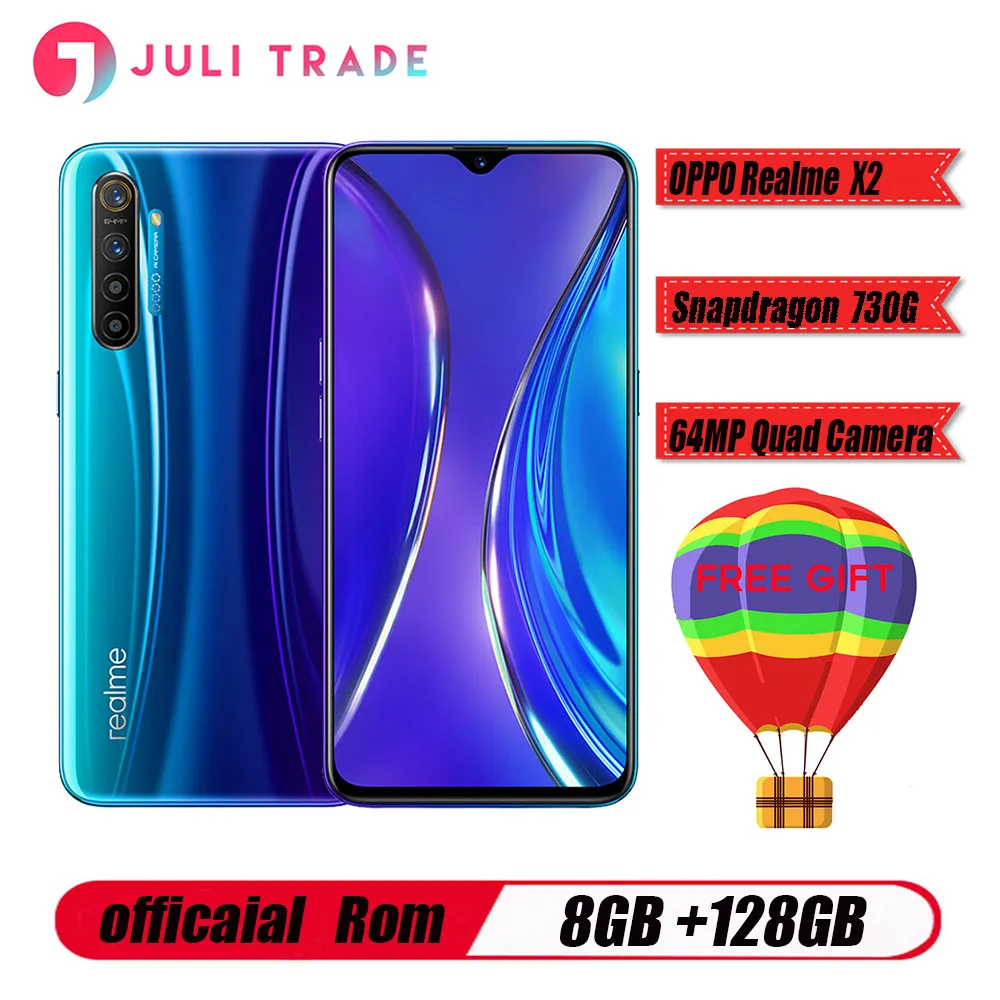 

Original Oppo Realme X2 Mobile Phone Snapdragon 730G 6.4 inch Super AMOLED Screen Android 9.0 8GB 128GB 64.0MP 30W Charger NFC