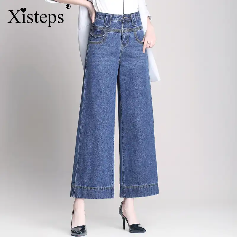 Xistepsハイウエスト女性ワイド脚ゆるいジーンズの足首の長さレディースビーチデニムパンツズボンプラスサイズポケットブルーカジュアル ジーンズ Aliexpress