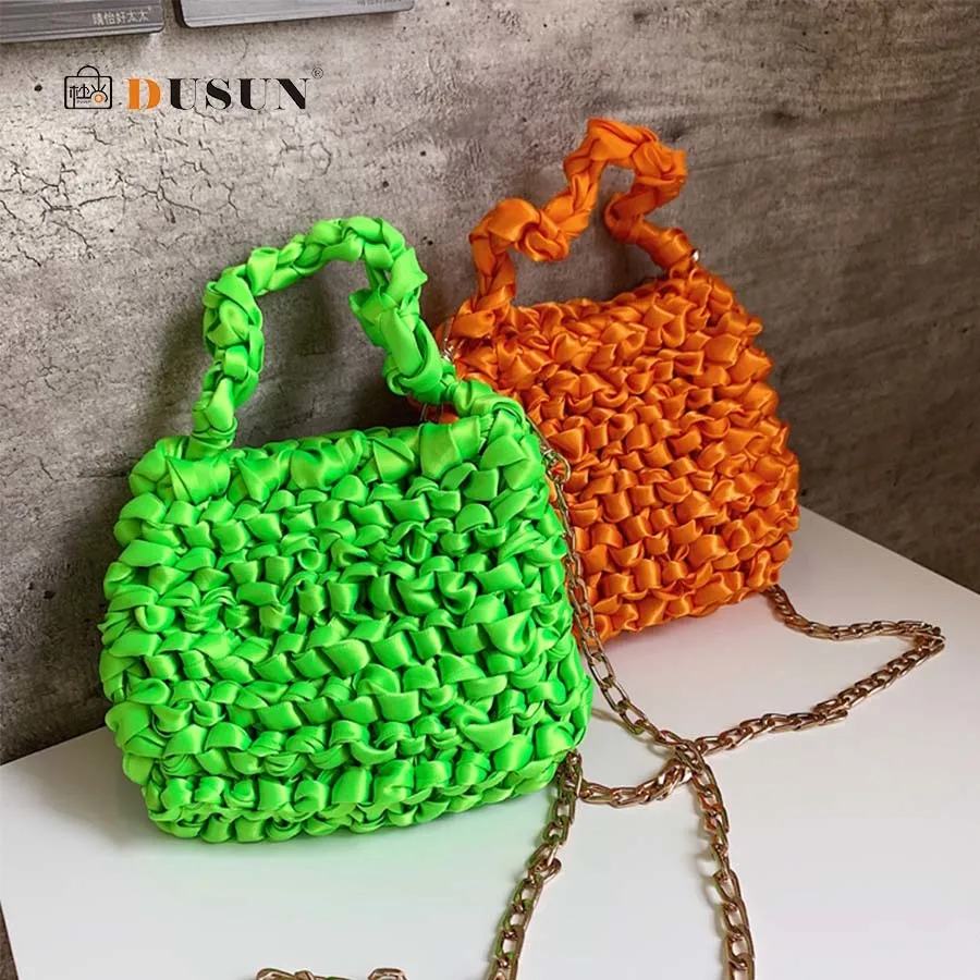 

Handmade Custom Silk Shoulder Bags Fashion Metal Chain Lady Small Square Bags Hand-woven Women's Handbag Shoulder Bag Wallet New