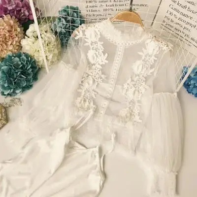 white Yocalor модная Сексуальная кружевная 3D Цветочная женская блузка полуводолазка Прозрачная с пышными рукавами Blusas из двух частей сетки женские рубашки - Цвет: white