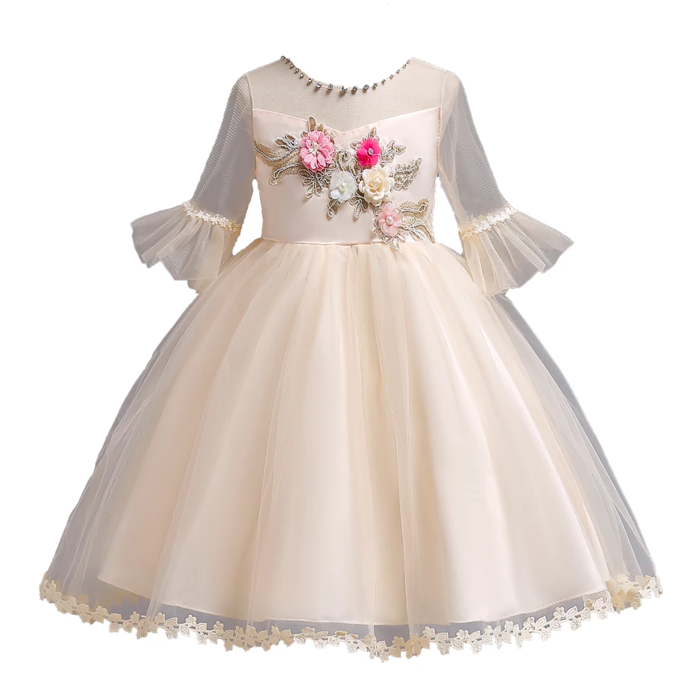 Новое платье-пачка с рисунком летние платья принцессы для девочек, вечерние платья для малышей, детская одежда для свадебного праздника - Цвет: champ agne