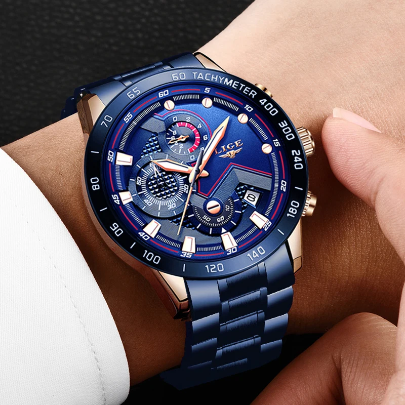 Relogio Masculino Men Watch Lige Top Brand Luxury Blue All Steel Wrist Watch Chronograph Army Milit-5