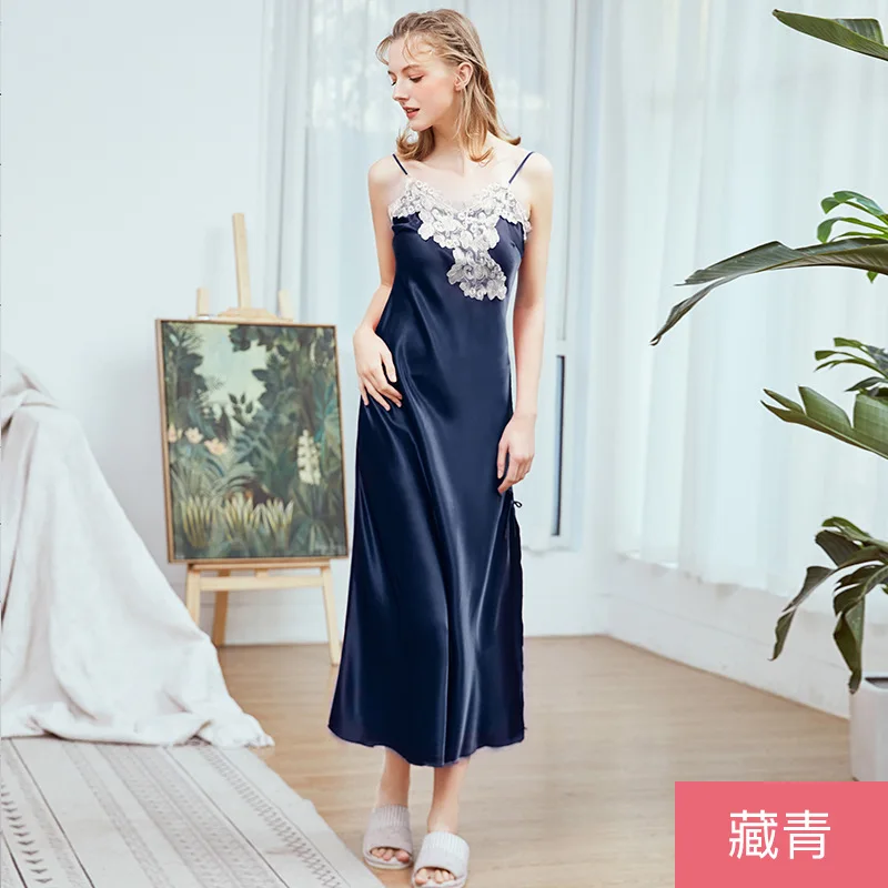 Navy Blue Кружевные ночные рубашки с v-образным вырезом, ночная рубашка, Длинное ночное белье, женская ночная рубашка на тонких бретелях, красная Сексуальная атласная пижама для женщин - Цвет: Navy Blue