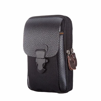 

Men's 6 Inch Phone Bag Waist Bag pu Leather Double Zip Men's Waist Bag Coin Purse Black Phone Bag