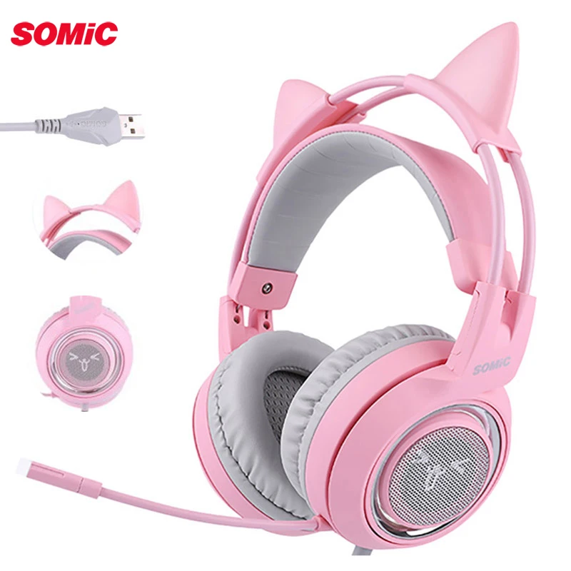 SOMIC G951 розовые наушники с кошачьими ушками Virtual 7,1 шумоподавление Игровые наушники Вибрационный светодиодный USB гарнитура для ПК в режиме реального времени