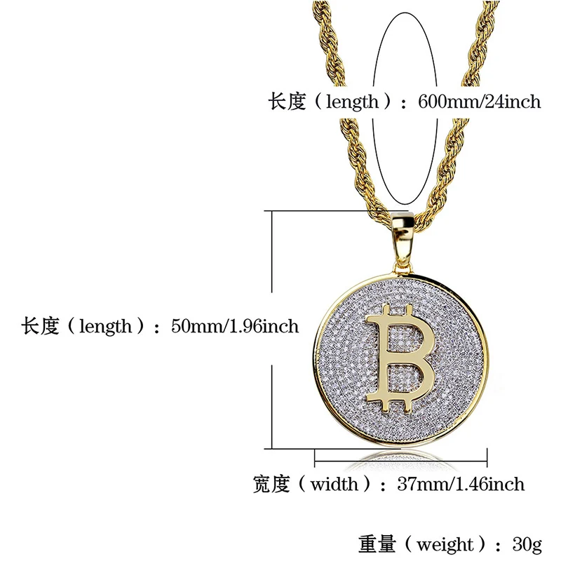 Хип хоп микро проложили AAA+ кубический цирконий Iced Out Bling Gold Bitcoin подвески ожерелье для мужчин и женщин рэппер ювелирные изделия