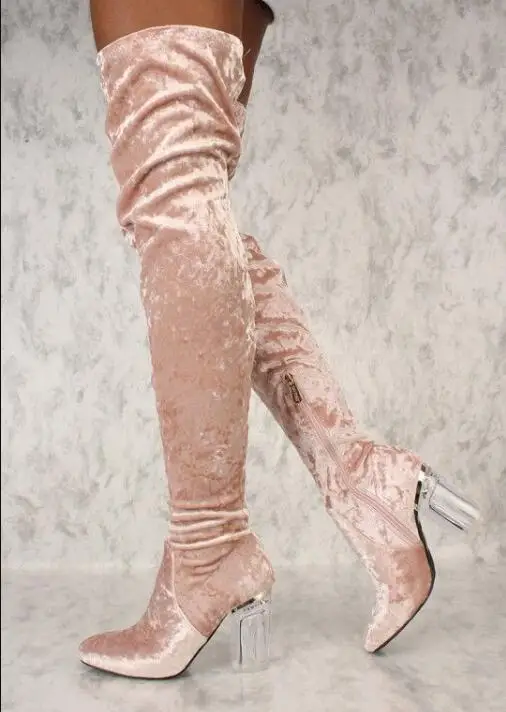 

Sexy Blush Over Knee Thigh High Boots Clear Chunky Heel Pointed Toe Long Boots Faux Velvet Slim Fit Winter Runway Boots Shoes
