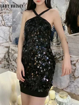 

Sexy Leaky Shoulder Sleeveless Hanging Neck Sequins Sequins Tight Body Pack Hip Dress Women Summer New Personality Party
