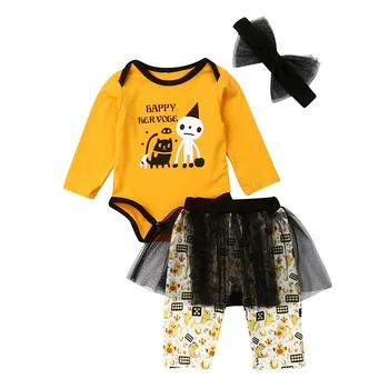 

Baby Toddler Kids Girl Clothes Set 2019 Halloween Costumes Cute Cat Orange 3 Pieces Romper+Mesh Pants+Headband Outfits Set