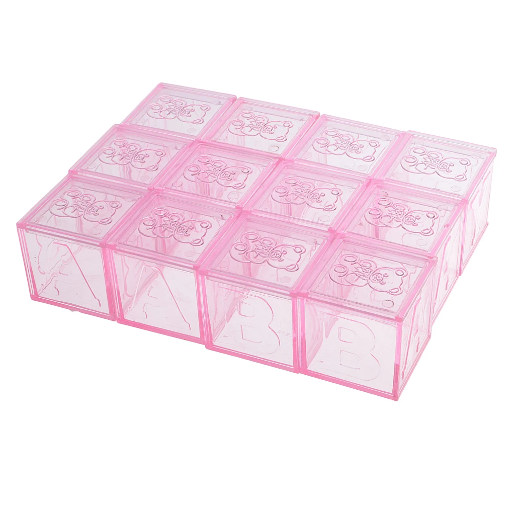 Pink Упаковка из 12 милых маленьких квадратных Медведь Детские Блоки буфет пластиковые коробки для конфет Baby Shower вечерние подарки для гостей - Цвет: Pink