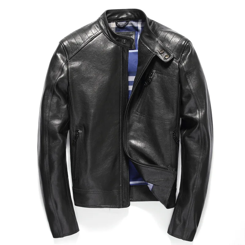 

Vintage Genuine Men Spring Autumn Motorcycle Jacket Real Sheepskin Leather Coat Jaqueta Couro YY450