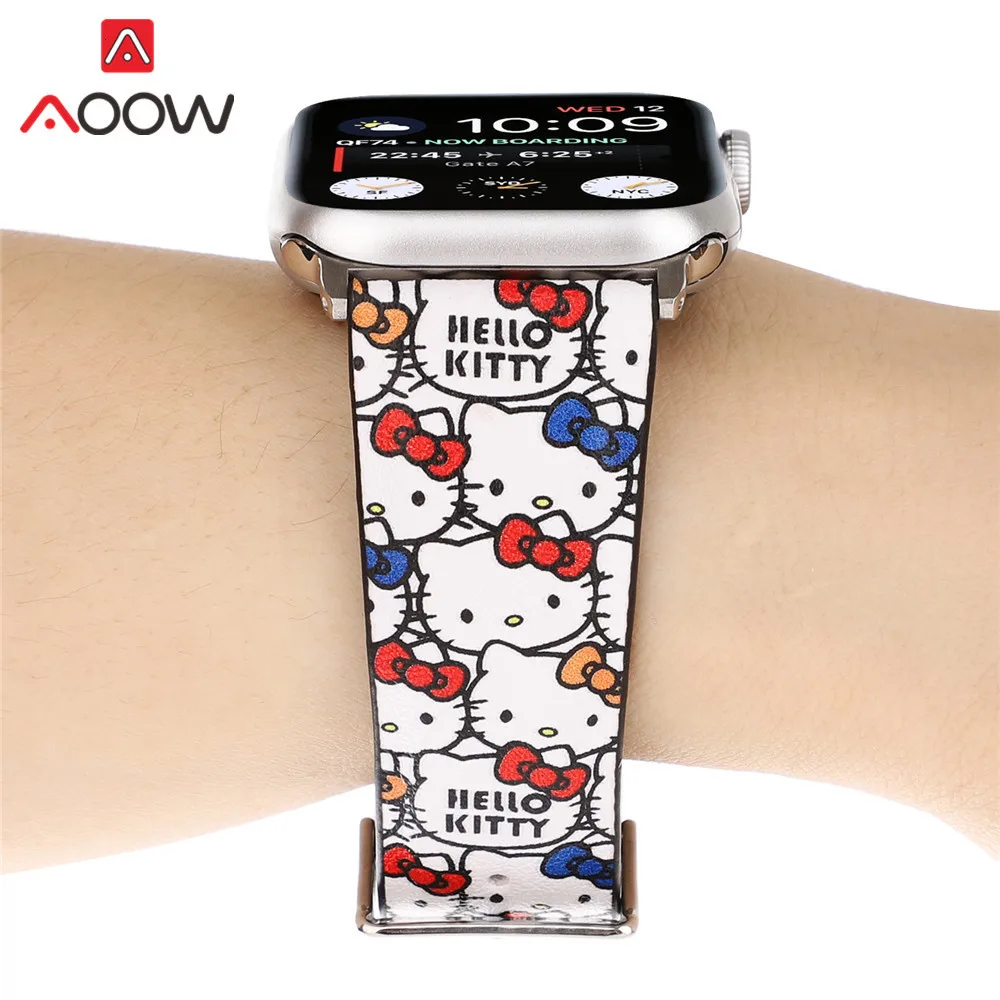 Мультфильм кожаный ремешок для наручных часов Apple Watch 38 мм, 42 мм, 40 мм 44 Микки рисунок «Hello Kitty», сменный ремешок для наручных часов, ремешок