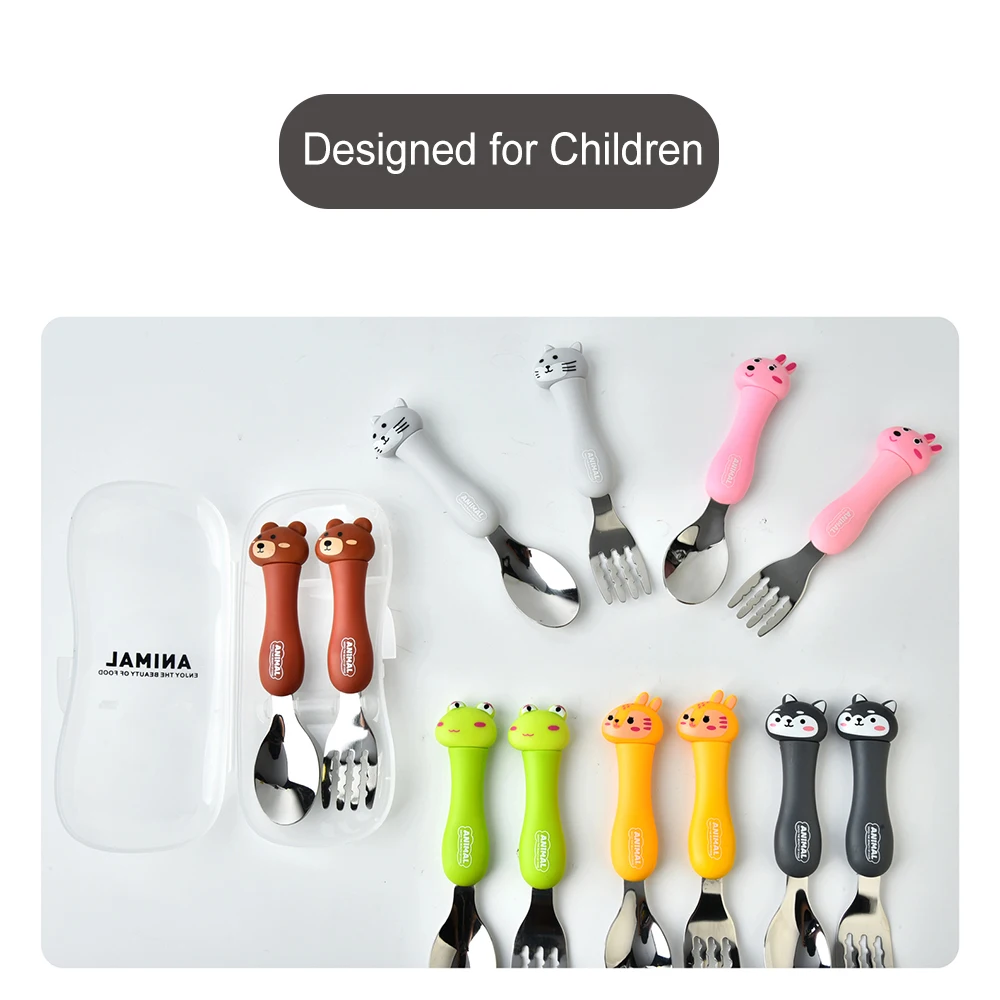 2Pcs Kids Silverware Cute Spoon Fork Travel Carry Set Children Portable Tableware Toddler Utensils Spoon Fork with Travel Case