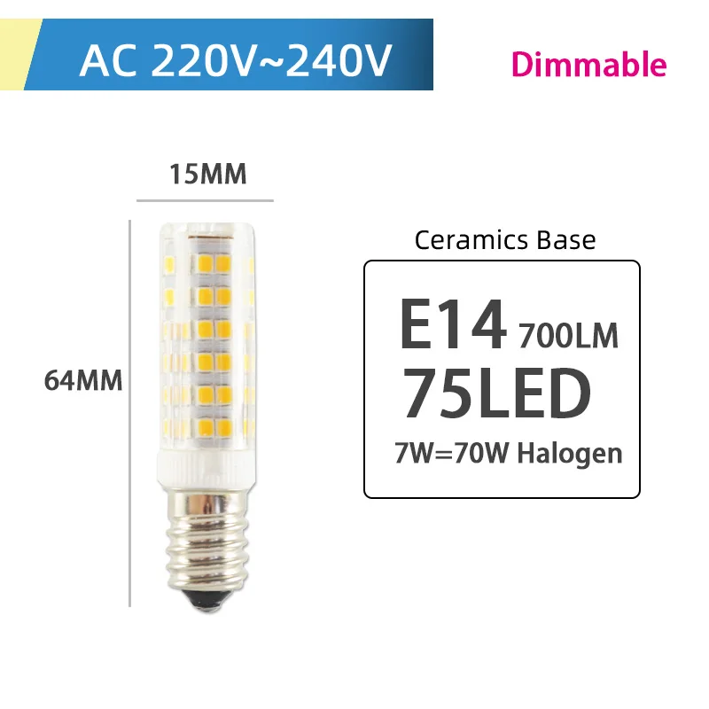 Светодиодный светильник G4 G9, светодиодный светильник E14, светодиодный светильник 7 Вт, 9 Вт, 10 Вт, 12 Вт, 220 В, ac12в, COB, SMD 2835, светодиодный, без мерцания, с регулируемой яркостью, керамический, заменяет галогенную лампу - Испускаемый цвет: E14 75LED Dimmable